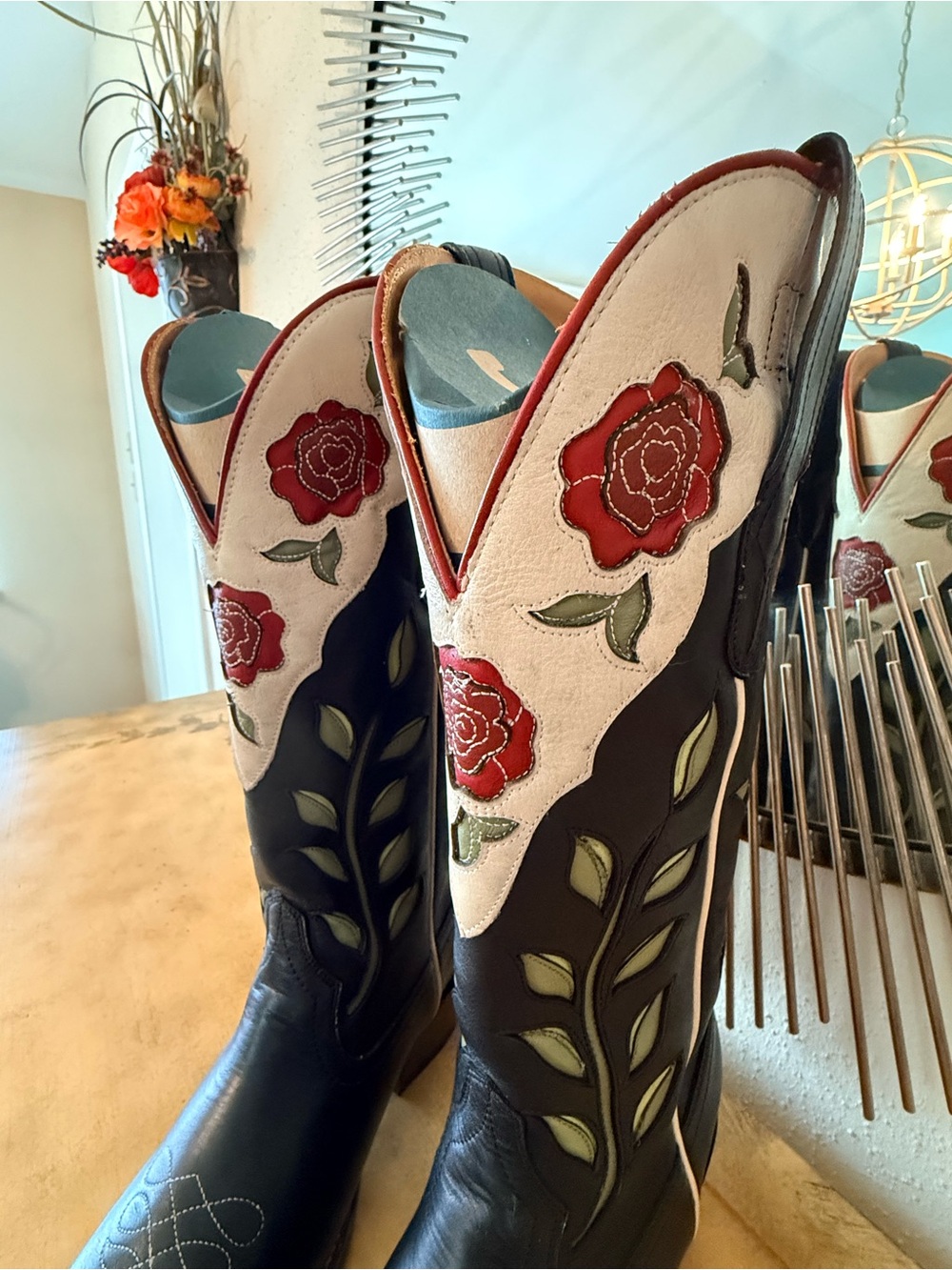 Tecovas Black Leather Women's Cowboy Boots with Red Rose Embroidery scarf. - Picture 11 of 16